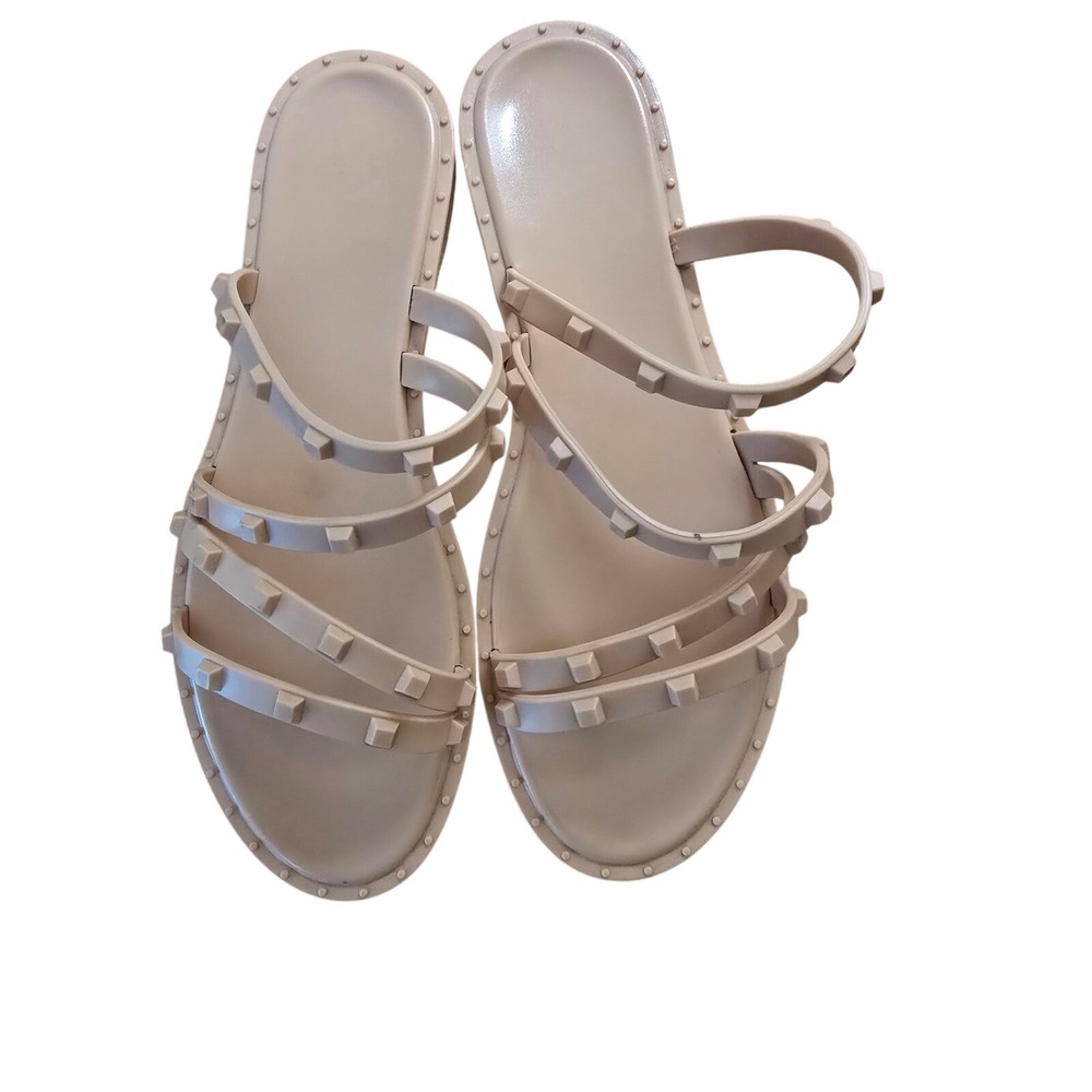 Nude Pink Studded Jelly Slide Sandals Womens Size 10 Multi Strap Flat PVC Shoes